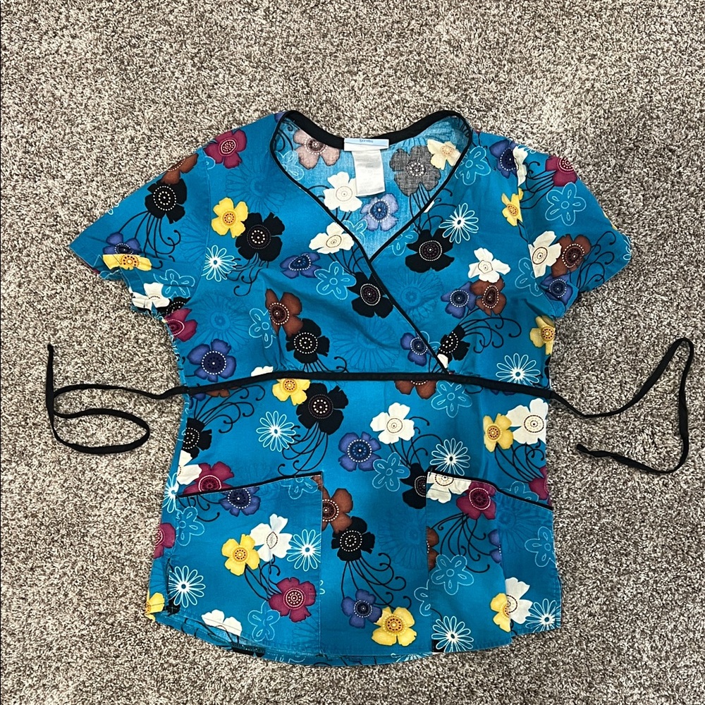 Floral Blue Wrap Scrub Top